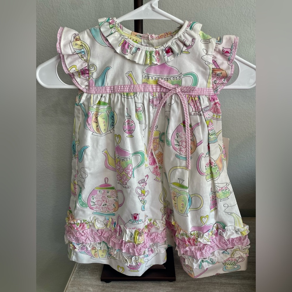 Le Za Me Pink Green Pastel Stripe Teapot Tea Party Ruffle Baby Easter Dress 3T